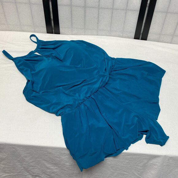 Aqua Green Keyhole Neck Blouson One Piece Swim Romper Dress Pockets Teal NWT - Picture 8 of 13